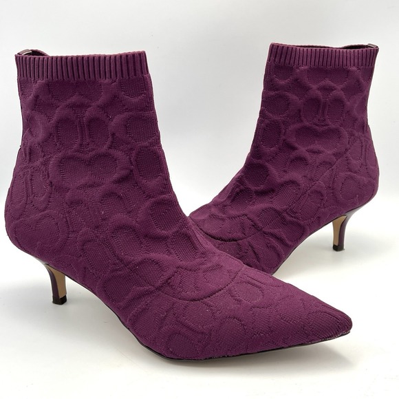 Coach Women's Jade Knit Sock Booties Deep Berry Stretch Knit Sz 8.5 Kitten Heel - Picture 3 of 14